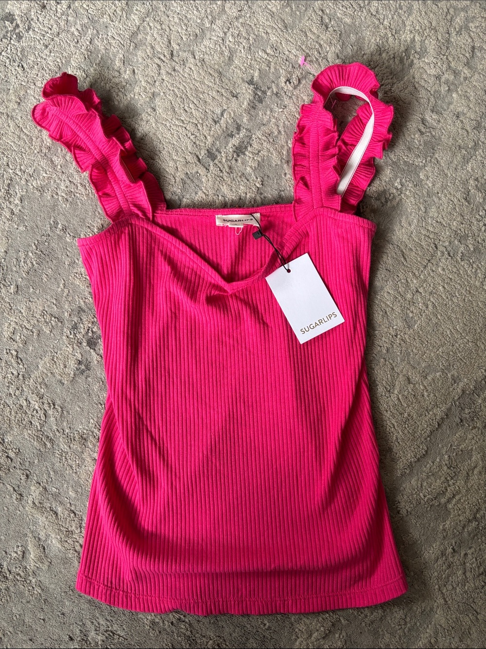 Sugarlips Fuchsia Ruffle Strap Ribbed Tank